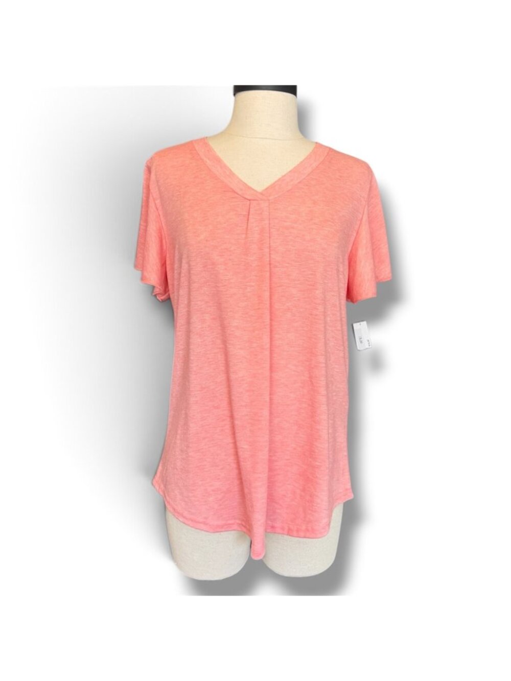 Coral Heathered Flutter Sleeve V-Neck Pleated Tee Top Medium
